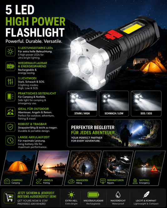 5 LED High Power Flashlight – Bright & Durable Torch
