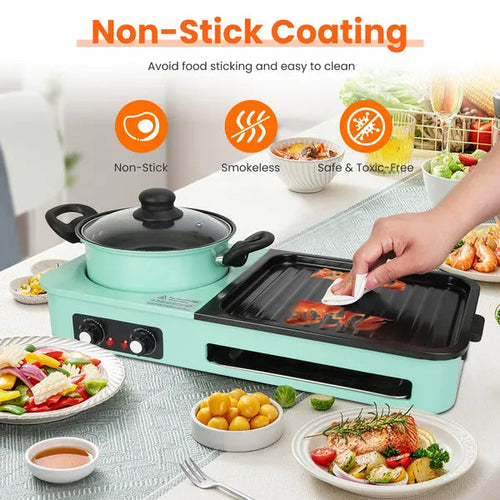 Electric Grill And Hot Pot Combo - 1600W Smokeless Korean BBQ Grill