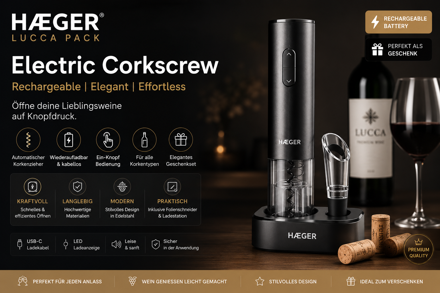 Electric Corkscrew Haeger Lucca Pack Rechargeable