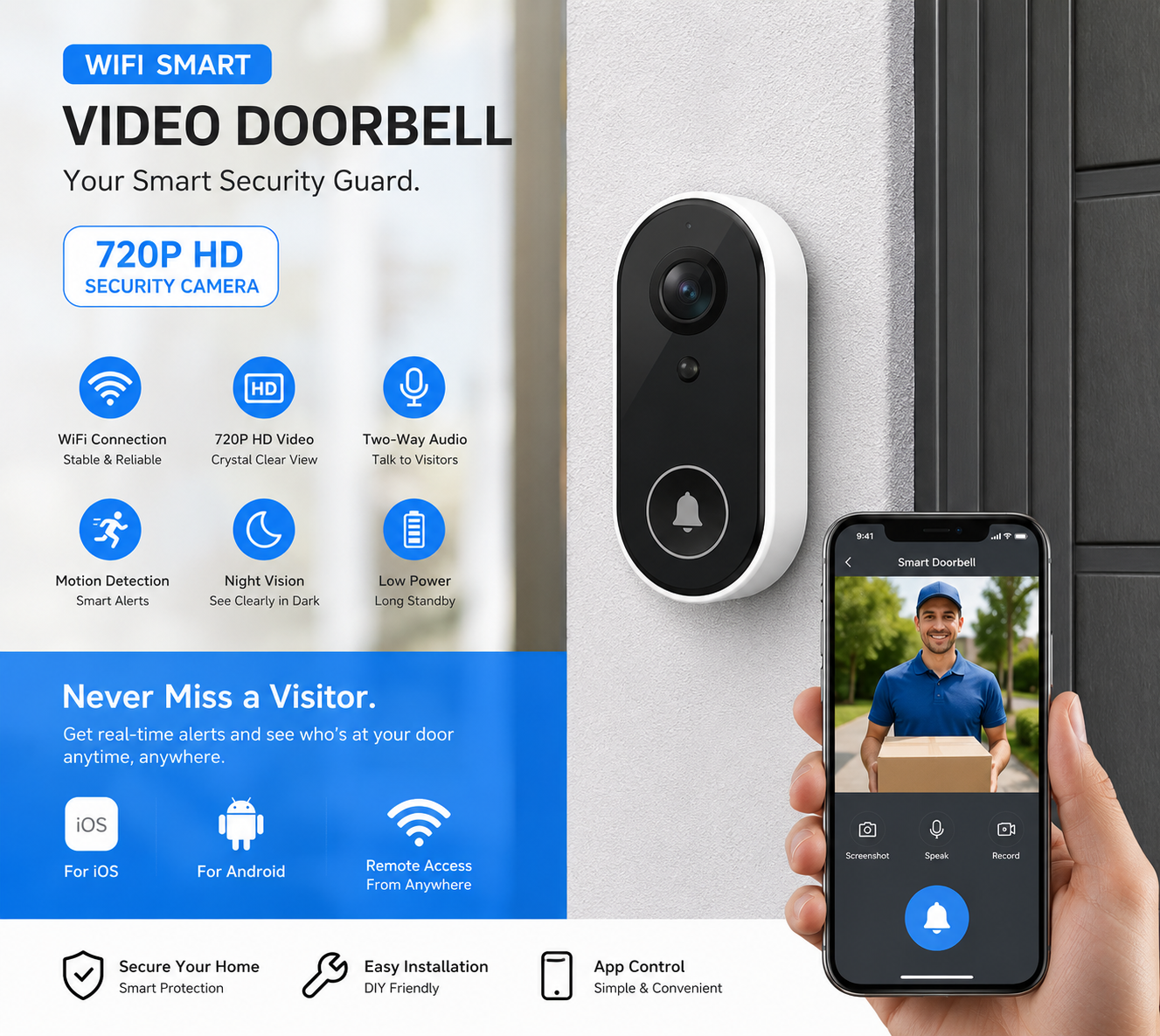 WIFI Smart Video home Doorbell 720P HD Security Camera For IOS and