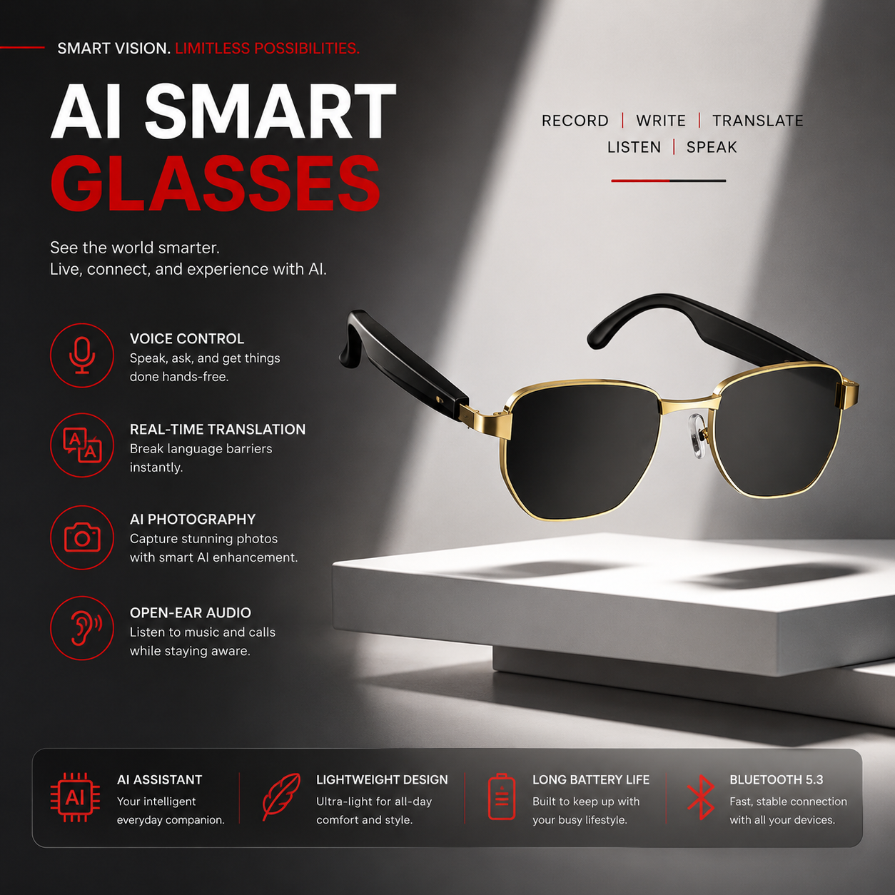Smart AI Bluetooth Sunglasses – Music, Calls & AI Translation