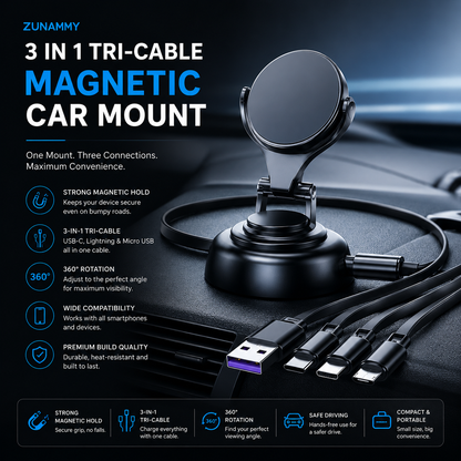 Zunammy 3 in 1 Tri-Cable Magnetic Car Mount