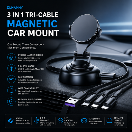 Zunammy 3 in 1 Tri-Cable Magnetic Car Mount