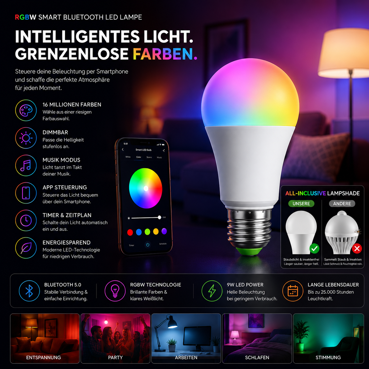 RGBW Smart Bluetooth LED Bulb – Mood Lighting for Home