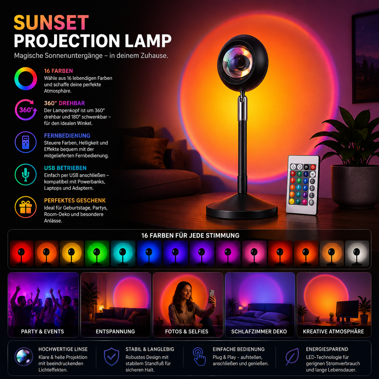 16 Colors Sunset Projection Lamp – Rainbow Atmosphere Light