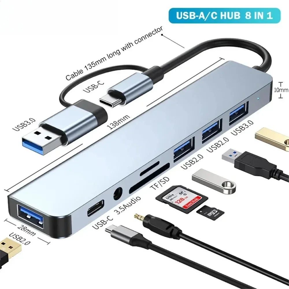 8 In 1 Port USB C Expander USB 3 Hub Type-C Splitter Type C Dock Multiport Adapter USB Expander For Xiaomi Phone Tablet