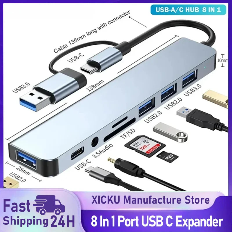 8 In 1 Port USB C Expander USB 3 Hub Type-C Splitter Type C Dock Multiport Adapter USB Expander For Xiaomi Phone Tablet